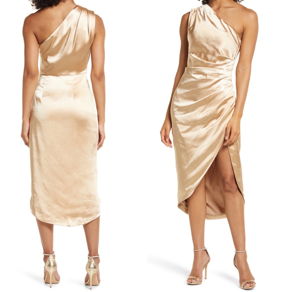 Elliatt Gold Satin One-Shoulder Ruched Cassini Dress, Large